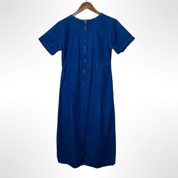Vintage Blue Embroidered Denim Midi Dress Folk Cottage Medium - Picture 9 of 15